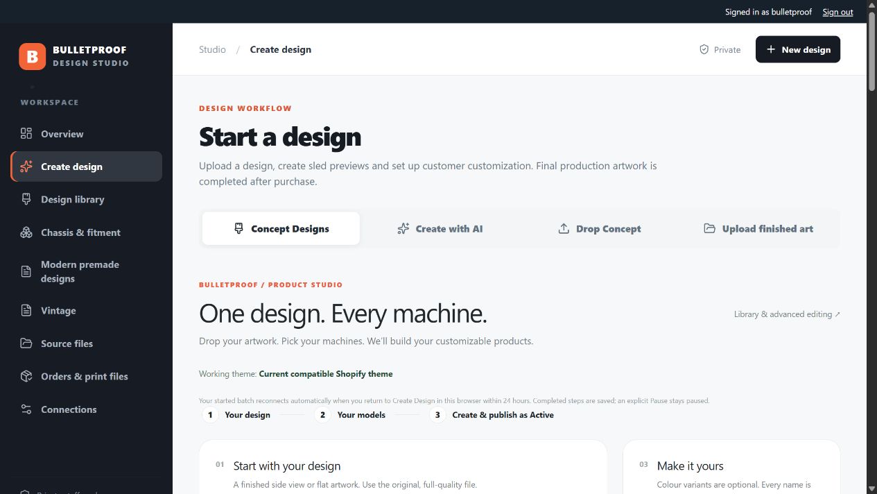 Bulletproof live design creator with source-artwork setup, guided creation steps and named colour palettes