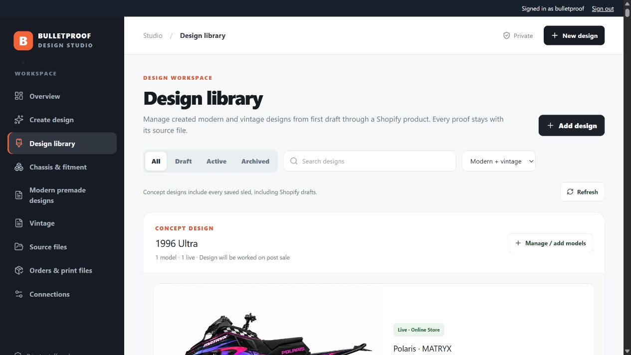 Bulletproof design library with search and status filters, saved 1996 Ultra design and a live Polaris MATRYX Shopify product