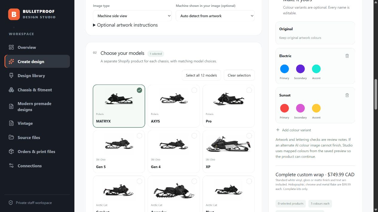 Bulletproof studio machine target grid showing Polaris and Ski-Doo chassis alongside editable Original, Electric and Sunset colour palettes