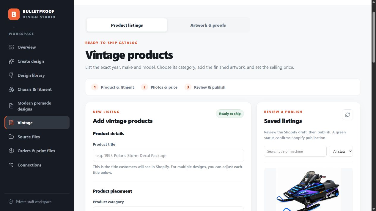 Bulletproof vintage product uploader with exact-machine listing workflow, category placement and saved restoration decal products