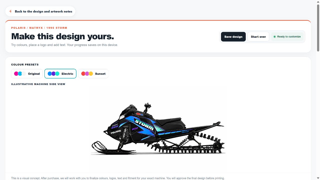 Bulletproof customer design editor showing the Electric colour preset on a Polaris MATRYX snowmobile preview