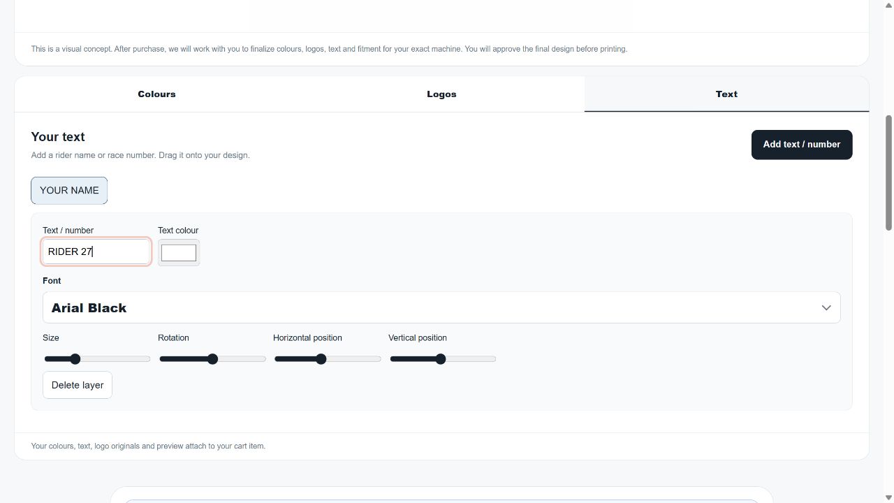 Bulletproof customer lettering controls with rider text, colour, font, size, rotation and horizontal and vertical positioning
