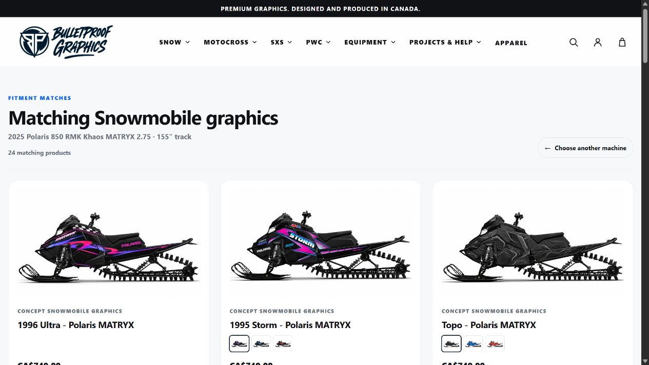 Snowmobile graphic results for a 2025 Polaris RMK Khaos MATRYX with a 155-inch track, showing matching machine previews