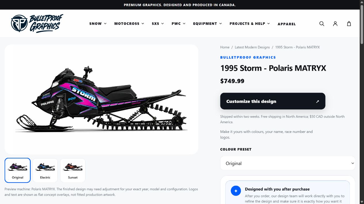 1995 Storm Polaris MATRYX product page with machine artwork, colour preview buttons and the entry to the customer customizer