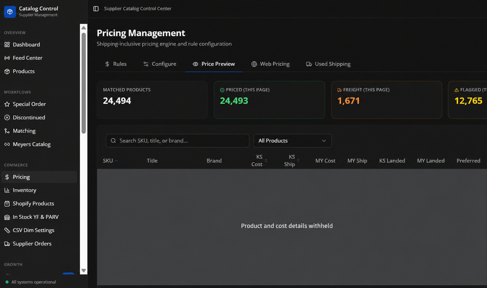 Catalog Control pricing interface with supplier and landed-cost column headings; confidential product and cost rows are masked