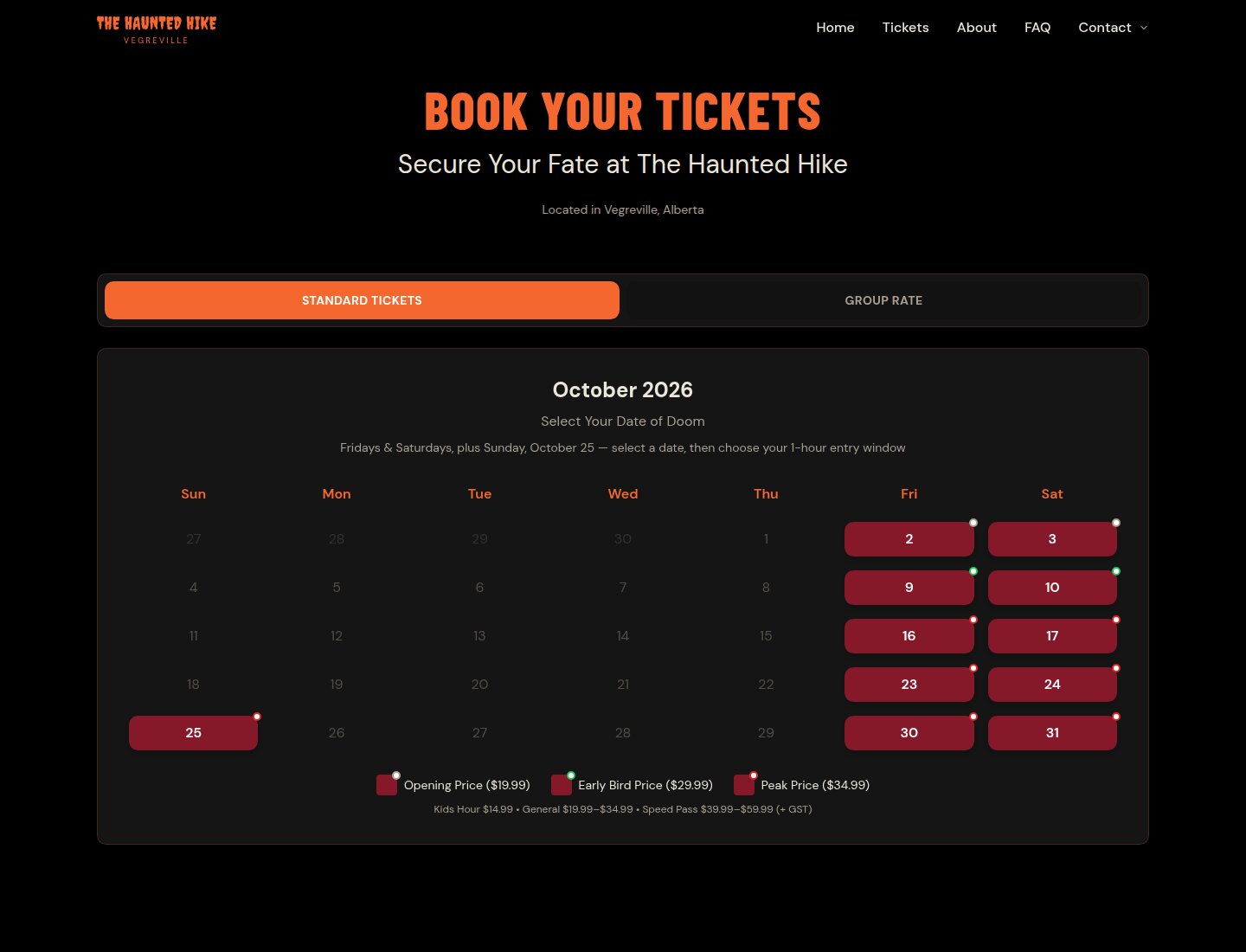 The public Haunted Hike ticket page showing its October event calendar and date-based timed-entry schedule