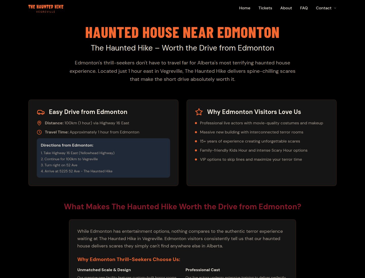 The Haunted Hike visitor page with Edmonton driving directions, address and event-planning details
