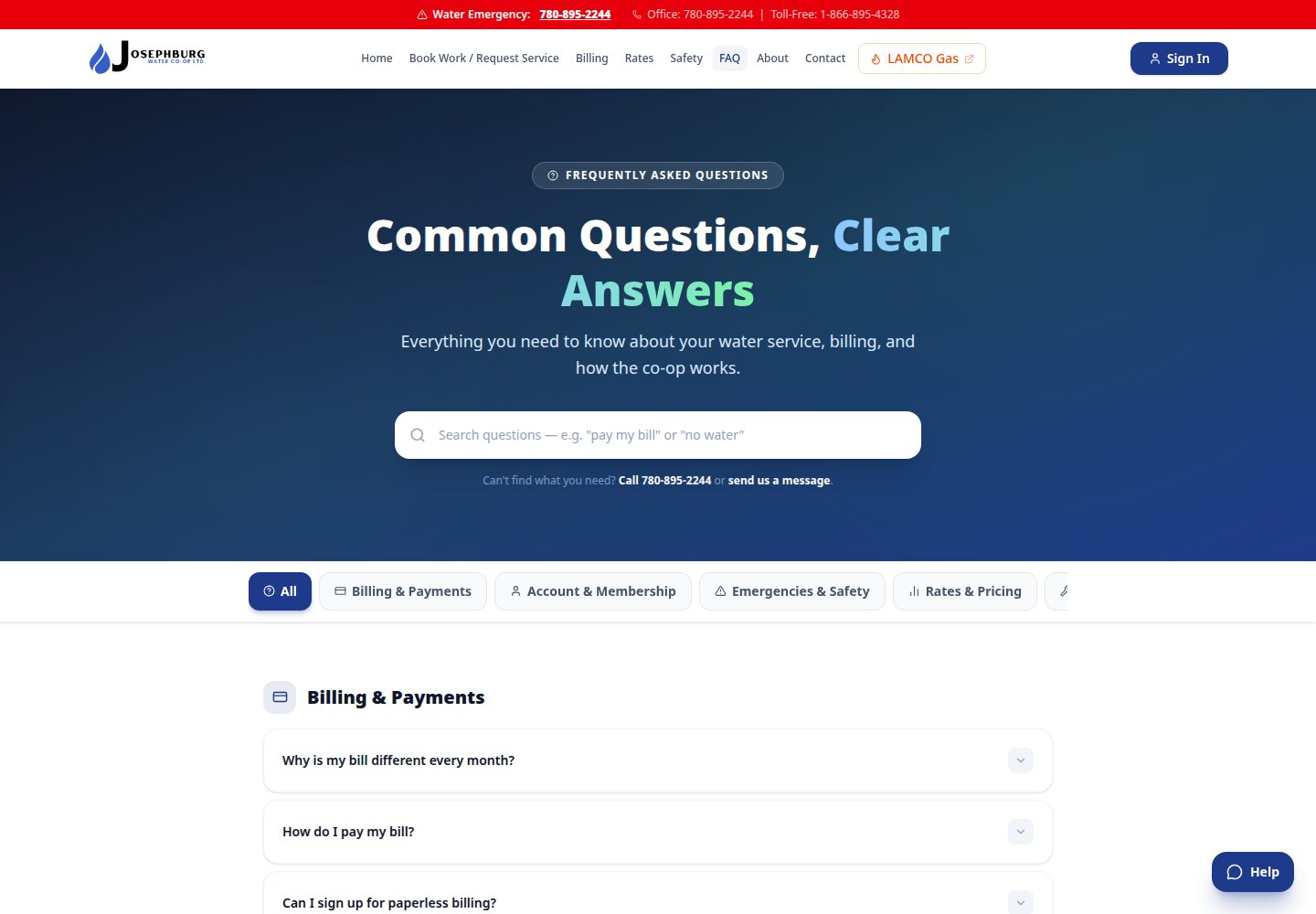 Josephburg FAQ page with search, topic filters, and billing questions