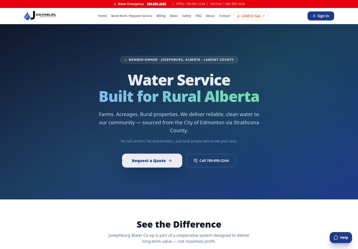 Josephburg rural water-service page with a prominent quote-request action
