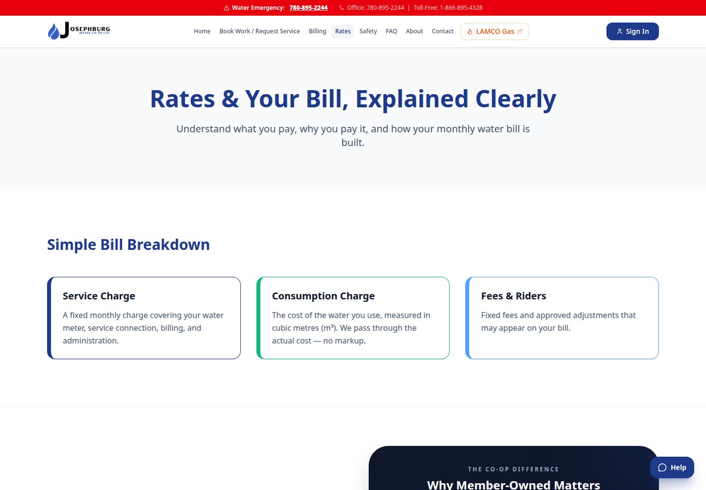 Josephburg rates page showing service charge, consumption charge, and fees or riders