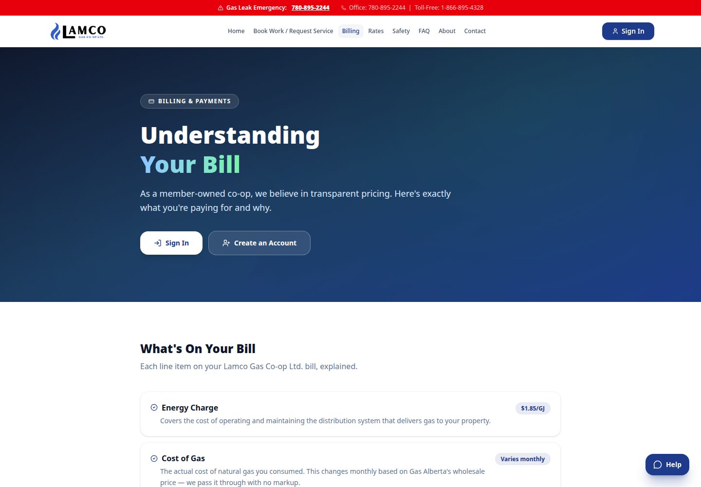 LAMCO Gas billing page introducing the bill breakdown with sign-in and account-creation links