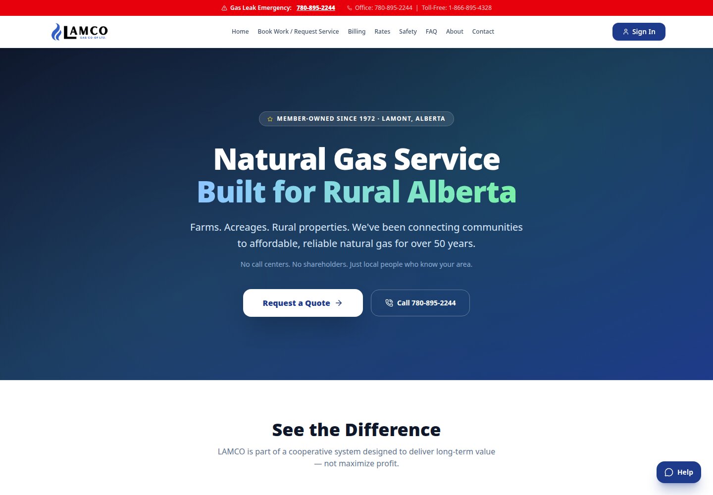 LAMCO Gas rural service page with a prominent quote-request action