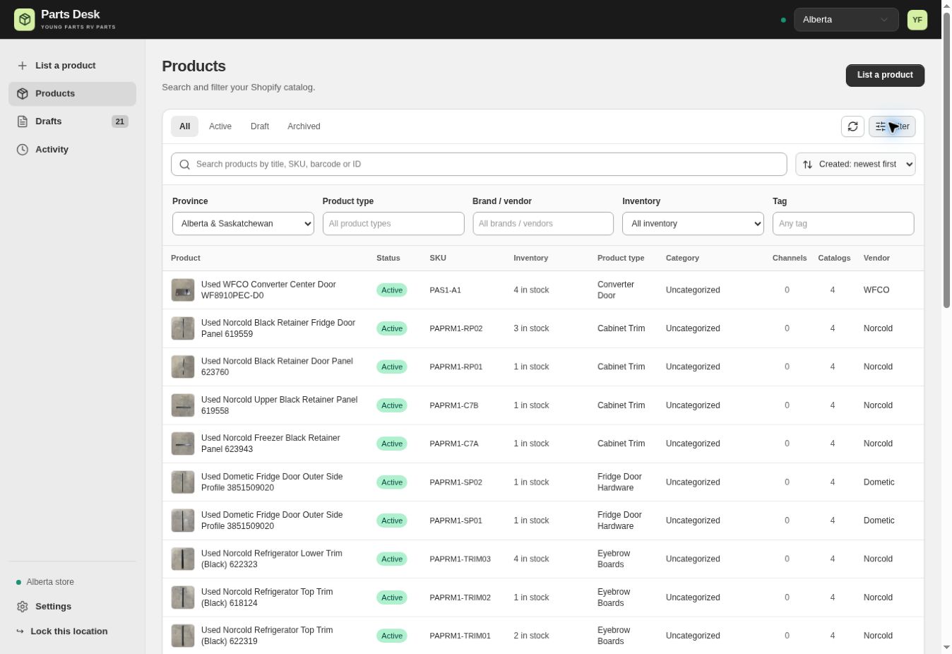 Parts Desk Shopify catalogue with province, product type, vendor and inventory filters above product rows