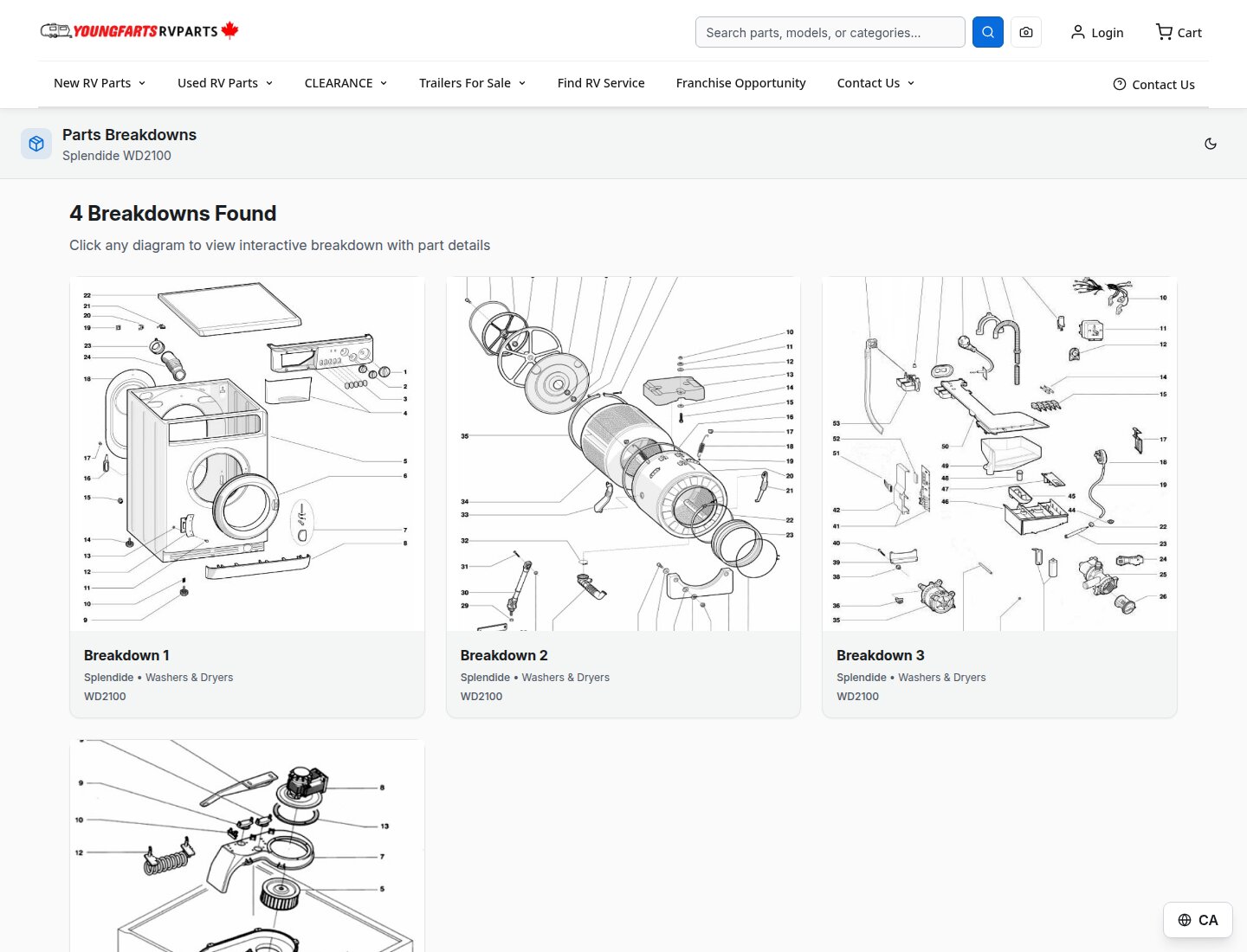 Splendide WD2100 lookup results showing four washer-and-dryer parts breakdown diagrams