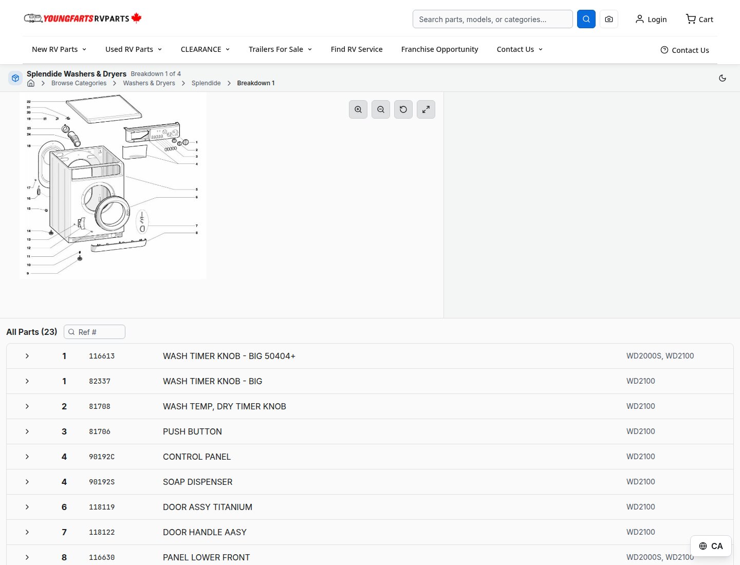 Splendide washer exploded diagram above a parts table with reference numbers and compatible model information