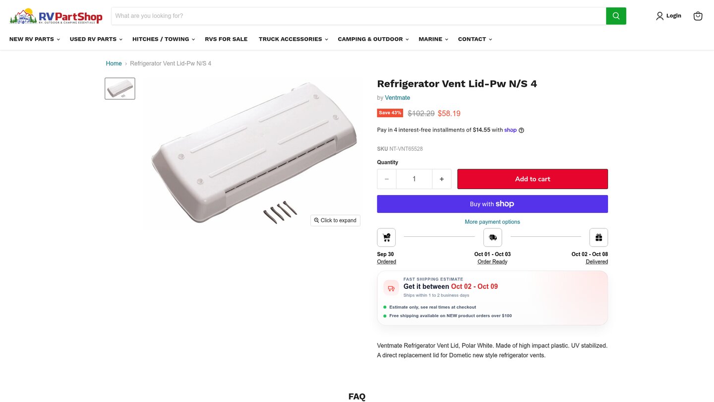Ventmate refrigerator vent lid product page with product image, brand, SKU, price, cart action and item description