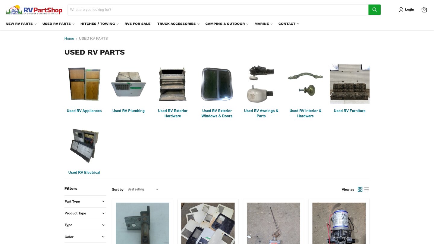 Used RV Parts collection with category tiles for appliances, plumbing, exterior hardware, windows and doors, awnings, interior hardware, furniture and electrical