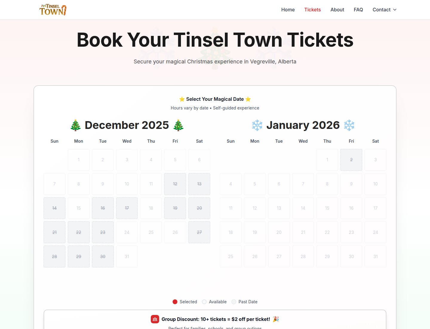 Tinsel Town ticket page displaying its published December 2025 and January 2026 date calendars