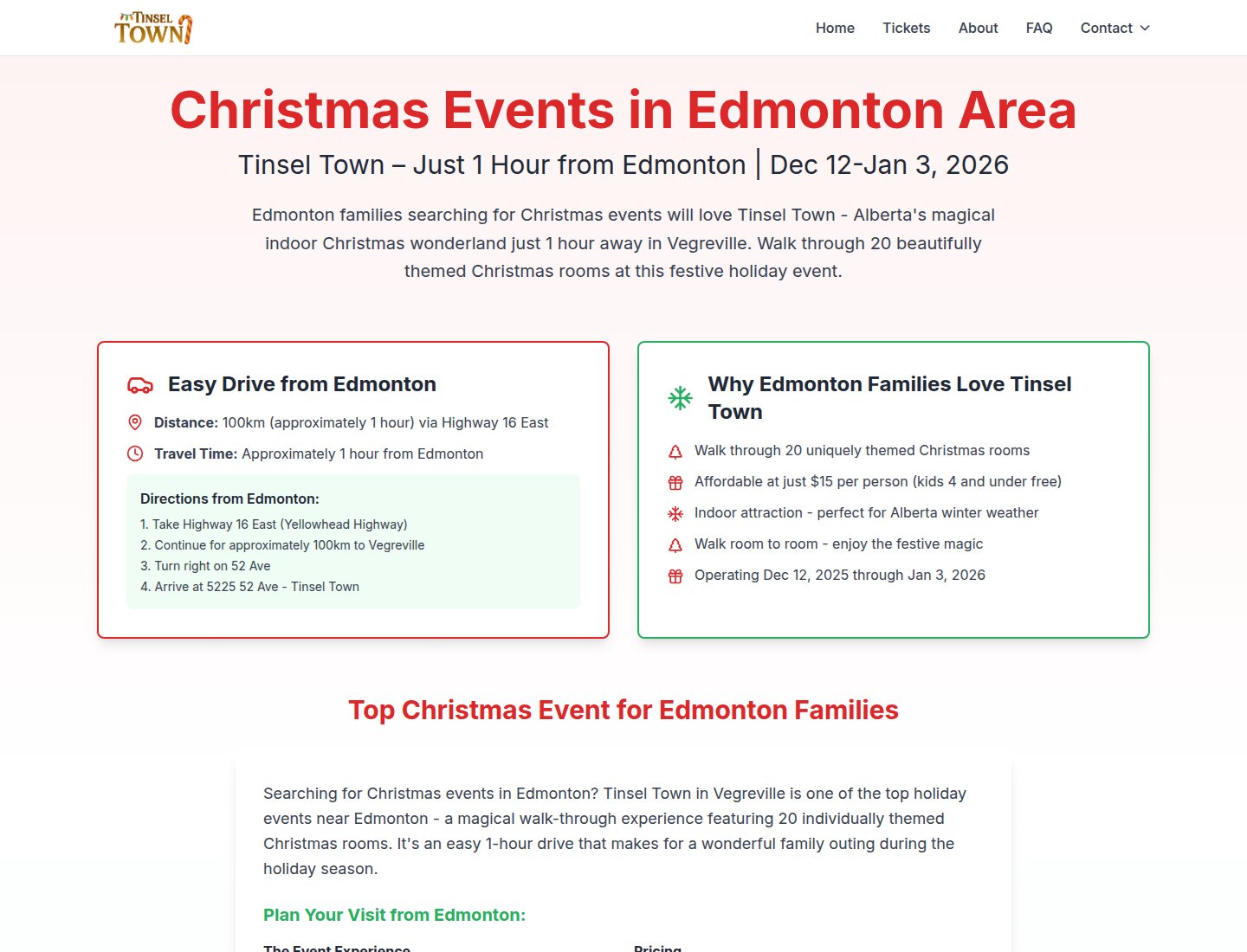 Tinsel Town Edmonton visitor page with route details, Vegreville location, event information and drive guidance
