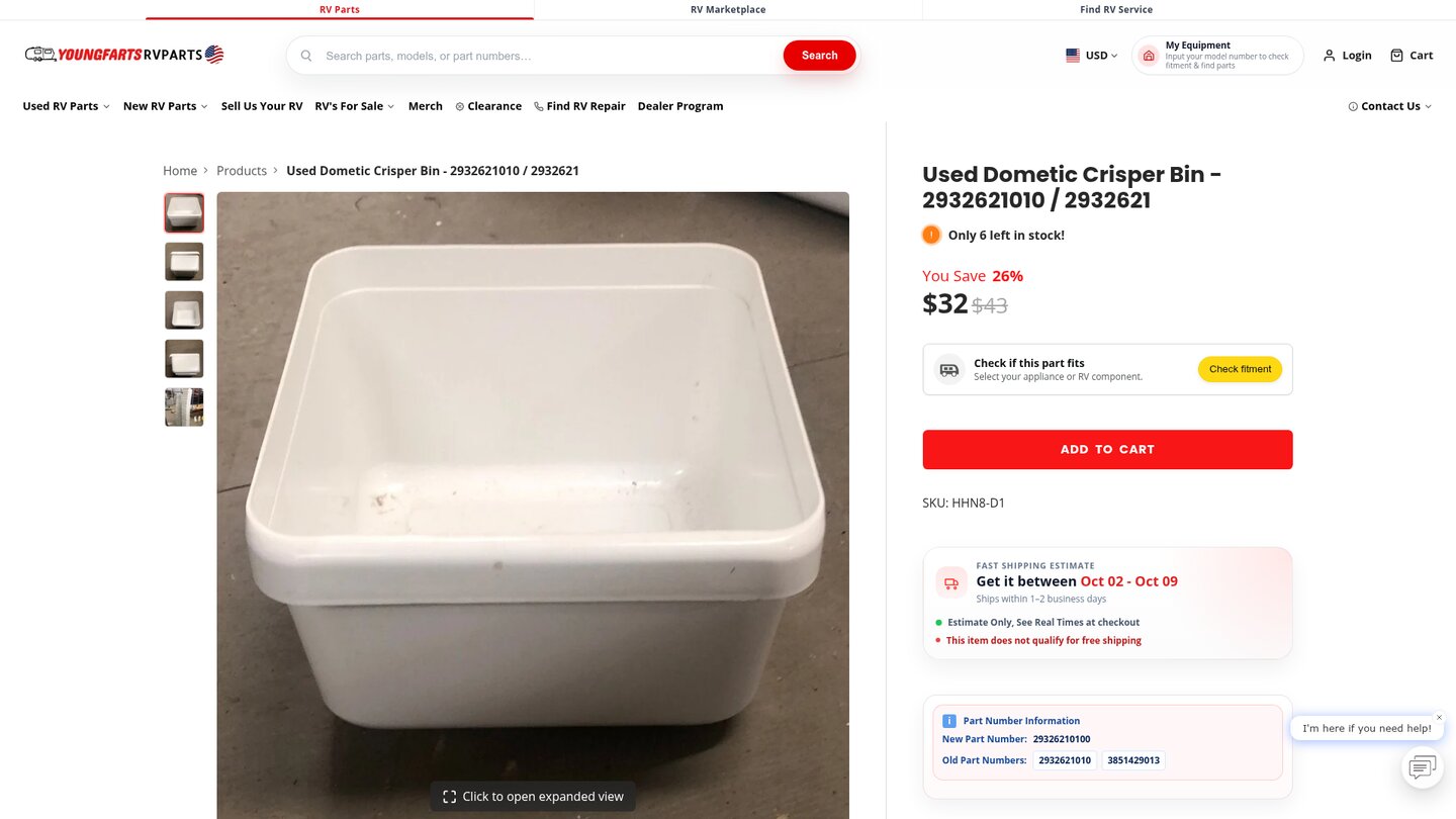 Used Dometic refrigerator crisper bin detail page showing item images, part-number information, fitment prompt and product details