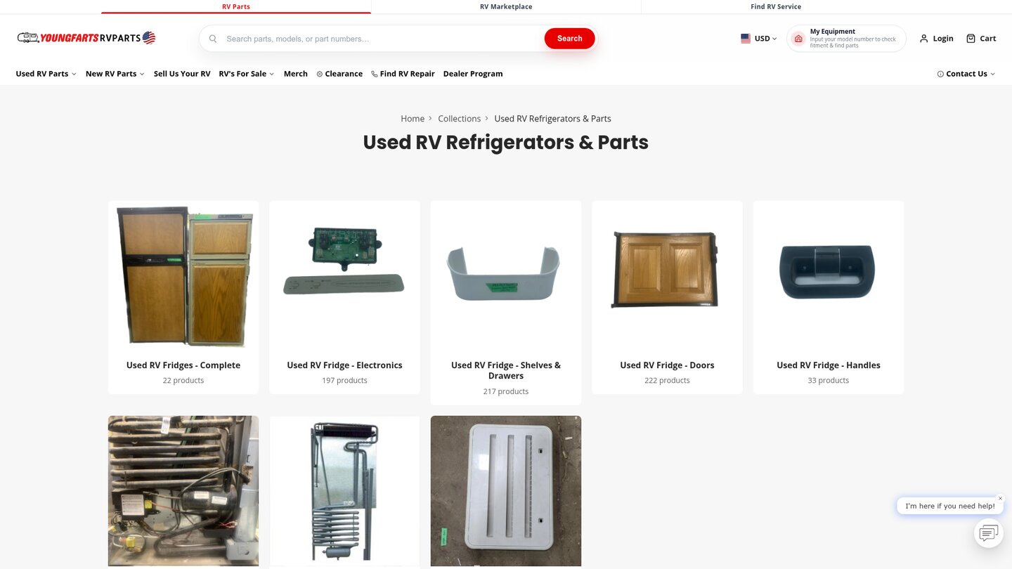 Used RV refrigerator collection organized into complete fridges, electronics, shelves and drawers, doors, and handles