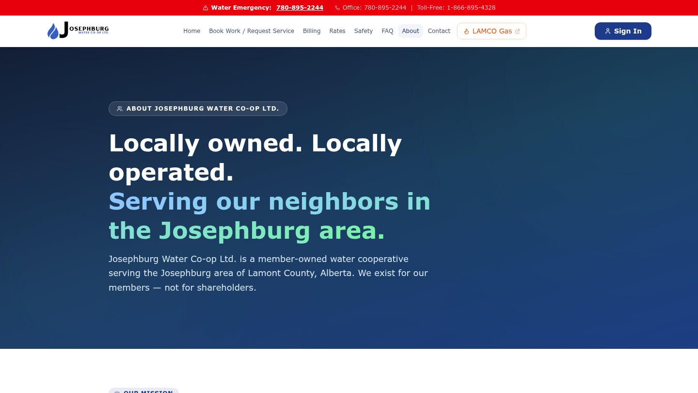 About page describing the locally owned Josephburg Water Co-op